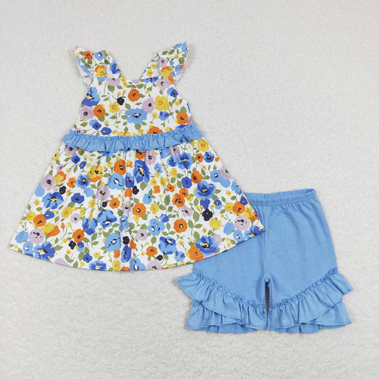 Baby Girls Blue Flowers Tunic Ruffle Shorts Outfits Clothes Sets