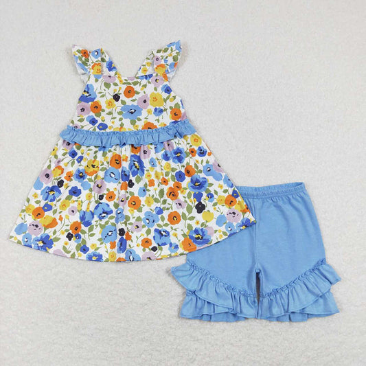 Baby Girls Blue Flowers Tunic Ruffle Sibling Sister Rompers Dresses Clothes Sets