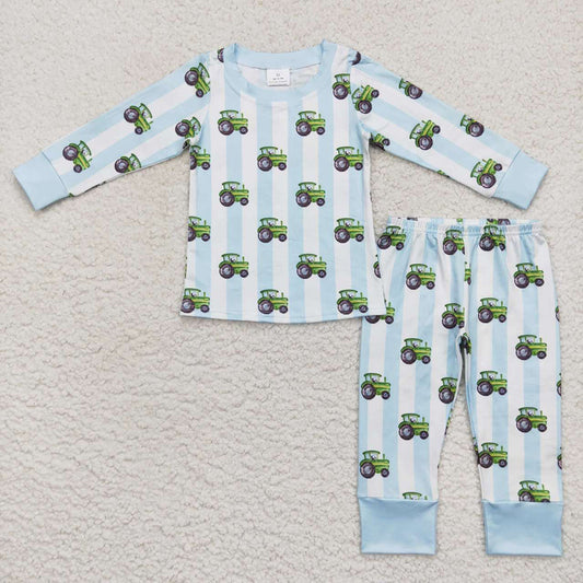 Baby Boys Green Stripes Tractor Top Pants Pajamas Clothing Sets