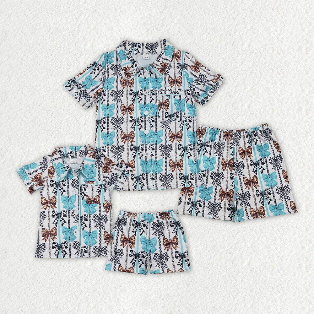 Mommy and Me Family Baby Girls Women Western Bows Buttons Shirts Shorts Pajamas