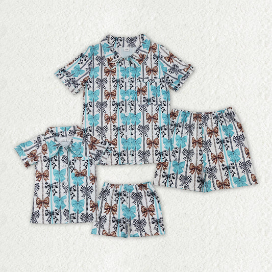 Mommy and Me Family Baby Girls Women Western Bows Buttons Shirts Shorts Pajamas
