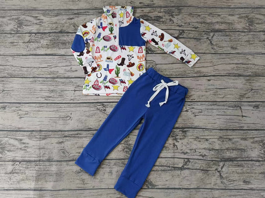 Baby Boys TX Blue Zip Pullover Tops Pants Clothes Sets preorder(moq 5)