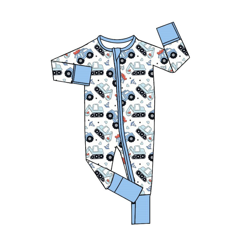 Preorder(moq5) Baby Blue Crew Neck Long-Sleeve Little Tank Print Zipper Romper
