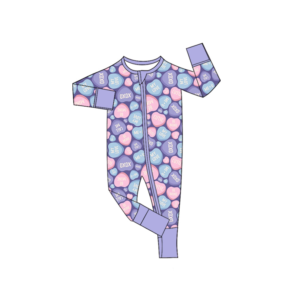 Preorder(moq5) Baby Girls’ Valentine’s Day Purple Heart Bow Crew Neck Long-Sleeve Romper