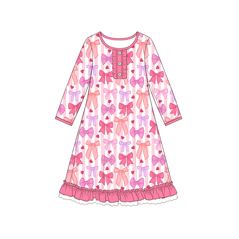 Preorder (moq 5) Girls’ Valentine’s Day Pink Heart Bow Crew Neck Long-Sleeve Ruffle Dress