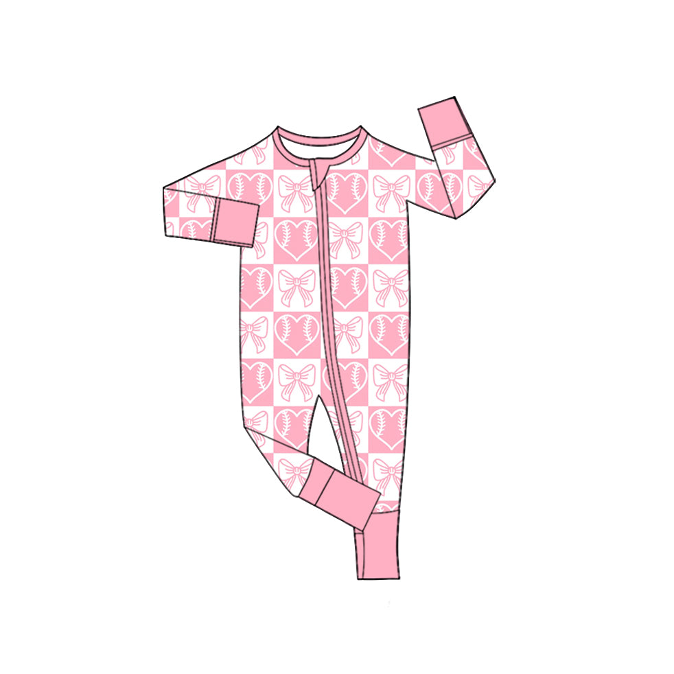 Preorder(moq5) Baby Girls’ Valentine’s Day Pink Heart Bow Crew Neck Long-Sleeve Romper