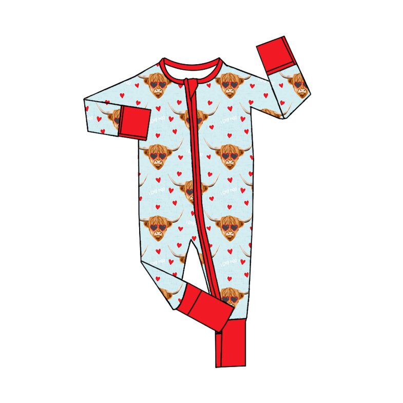 Preorder(moq5) Baby Red Crew Neck Long-Sleeve Bull Print Zippered Romper