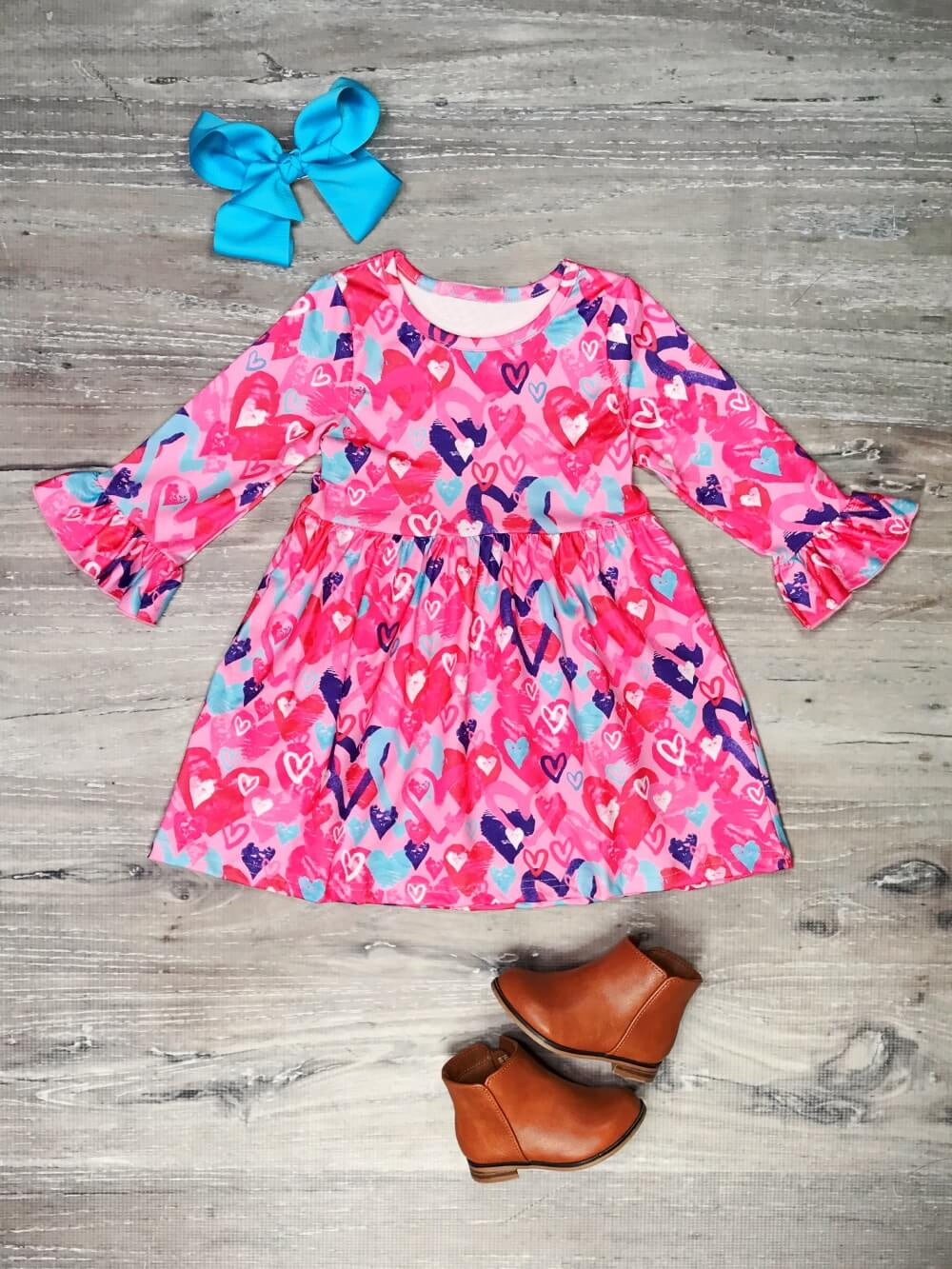 Baby Girls Colorful Hearts Valentines Long Sleeve Dresses preorder(moq 5)