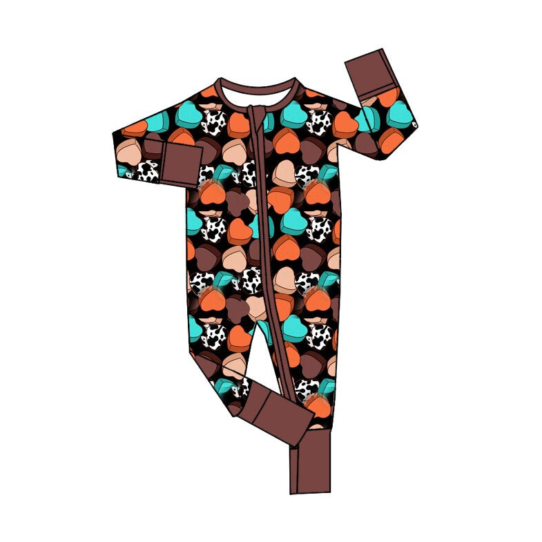 Preorder(moq5) Baby Brown Crew Neck Long-Sleeve Colorful Heart Print Zipper Romper