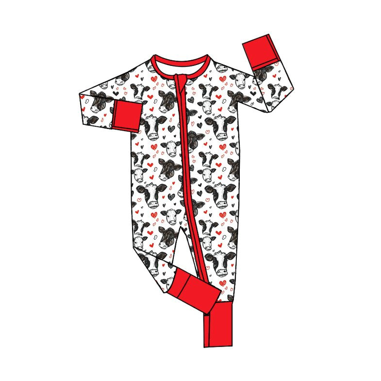 Preorder(moq5) Baby Red Crew Neck Long-Sleeve Bull Print Zippered Romper