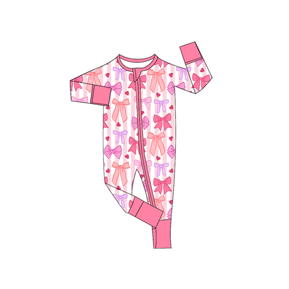 Preorder(moq5) Baby Girls’ Valentine’s Day Pink Heart Bow Crew Neck Long-Sleeve Romper