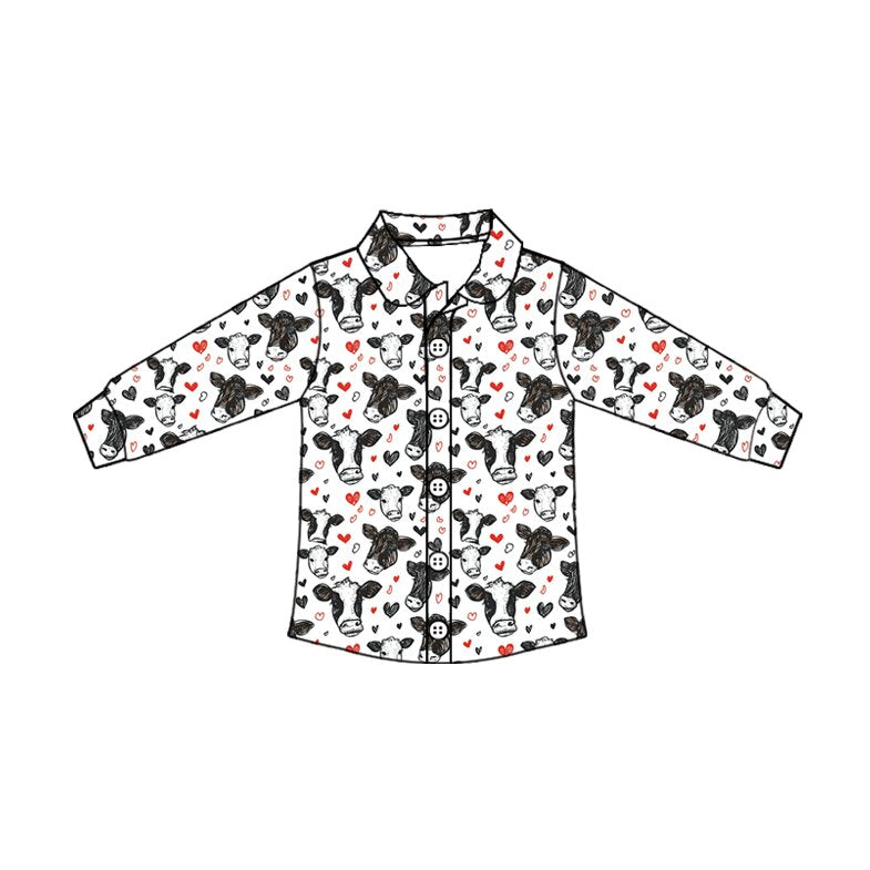 Preorder （moq 5）Baby Boys’ White Bull Head & Red Heart Print Lapel Collar Button-Up Long-Sleeve Shirt