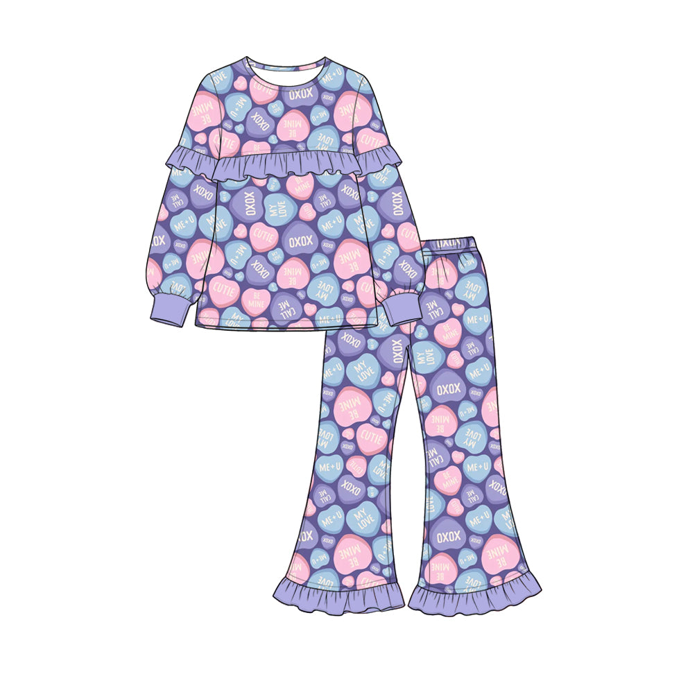 Preorder(moq 5) Girls’ Valentine’s Day Purple Heart Bow Long-Sleeve Ruffle Flare-Leg Pajama Set