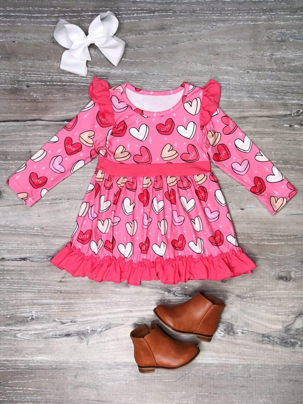 Baby Girls Pink Hearts Belt Valentines Long Sleeve Dresses preorder(moq 5)