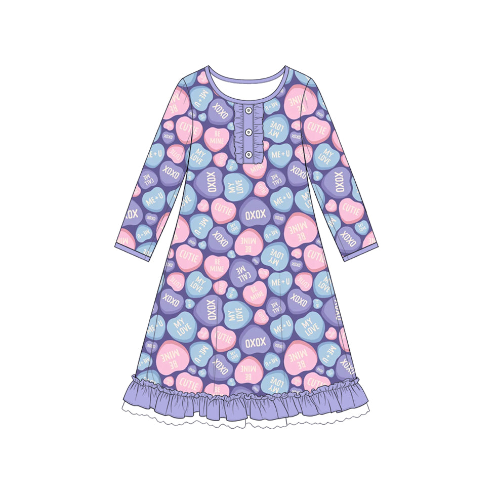 Preorder (moq 5) Girls’ Valentine’s Day Purple Heart Bow Crew Neck Long-Sleeve Ruffle Dress