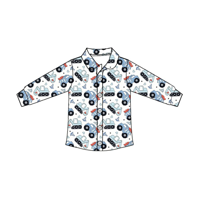 Preorder （moq 5）Baby Boys’ White Tank Toy Car Print Lapel Collar Button-Up Long-Sleeve Shirt