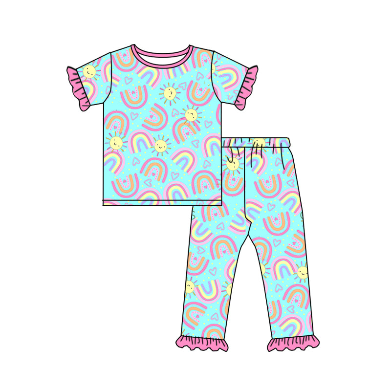 Baby Girls Rainbow Sunshine Ruffle Short Sleeve Top Pants Pajamas Sets preorder(moq 5)