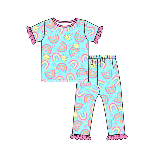 Baby Girls Rainbow Sunshine Ruffle Short Sleeve Top Pants Pajamas Sets preorder(moq 5)