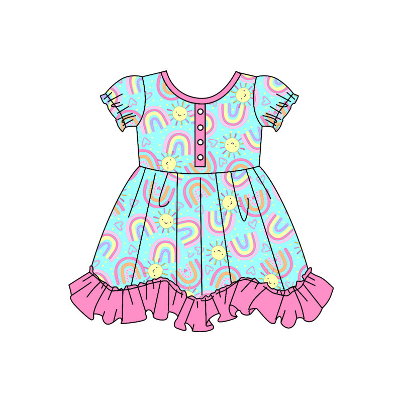 Baby Girls Rainbow Sunshine Ruffle Short Sleeve Knee Length Dresses preorder(moq 5)