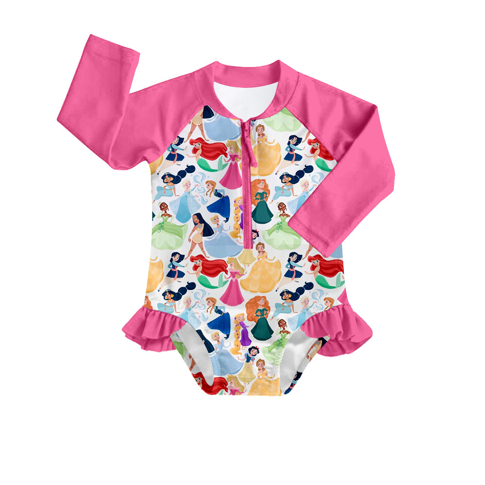 Baby Girls Pink Princess Long Sleeve One Piece Swimsuits preorder(moq 5)
