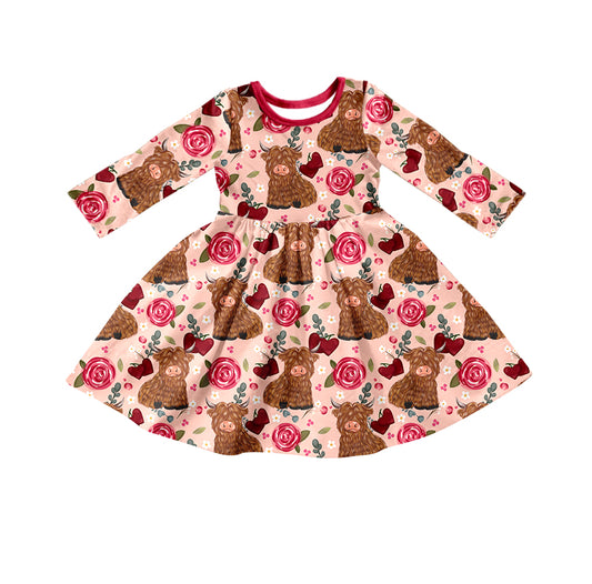 Baby Girls Long Sleeve Heart Western Highland Cow Knee Length Dresses preorder(moq 5)