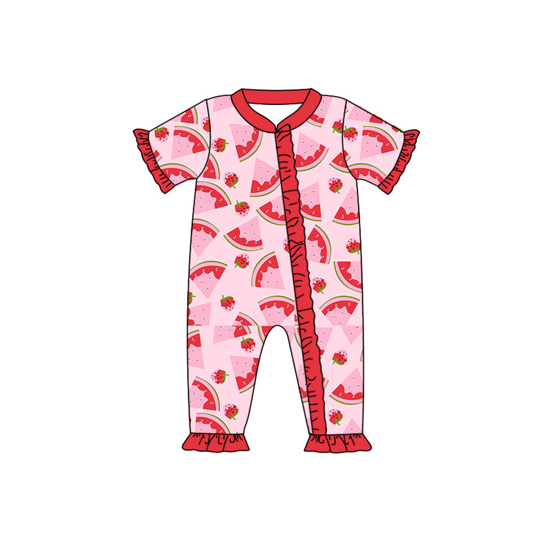 Baby Girls Short Sleeve Watermelon Strawberry Ruffle Rompers preorder(moq 5)