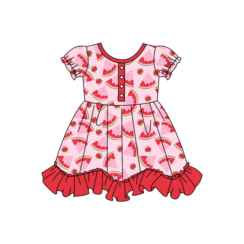 Baby Girls Short Sleeve Watermelon Strawberry Ruffle Knee Length Dresses preorder(moq 5)