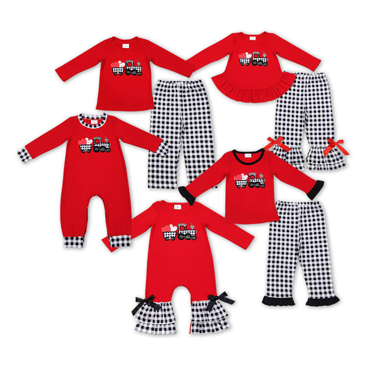 Sibling Boys Girls Valentines Hearts Tractor Rompers Clothing Sets