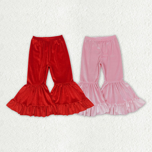 Baby Girls Red Pink Velvet Ruffle Valentines Bell Bottom Pants