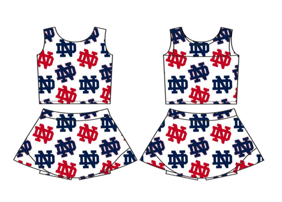 Preorder (moq 5)Baby Girls Sleeveless ND Cheer Team Top Skorts Sets