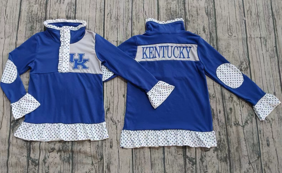 Preorder(moq 5)Baby Girls Blue Long Ruffle Sleeves UK Zipper Team Pullovers Top