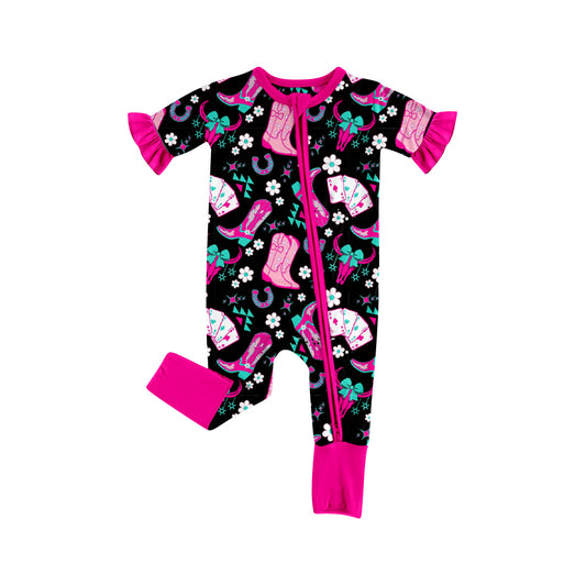 preorder(moq 5) Baby Girls Bull Skulls Flowers Western Two Way Zip Convertible Rompers