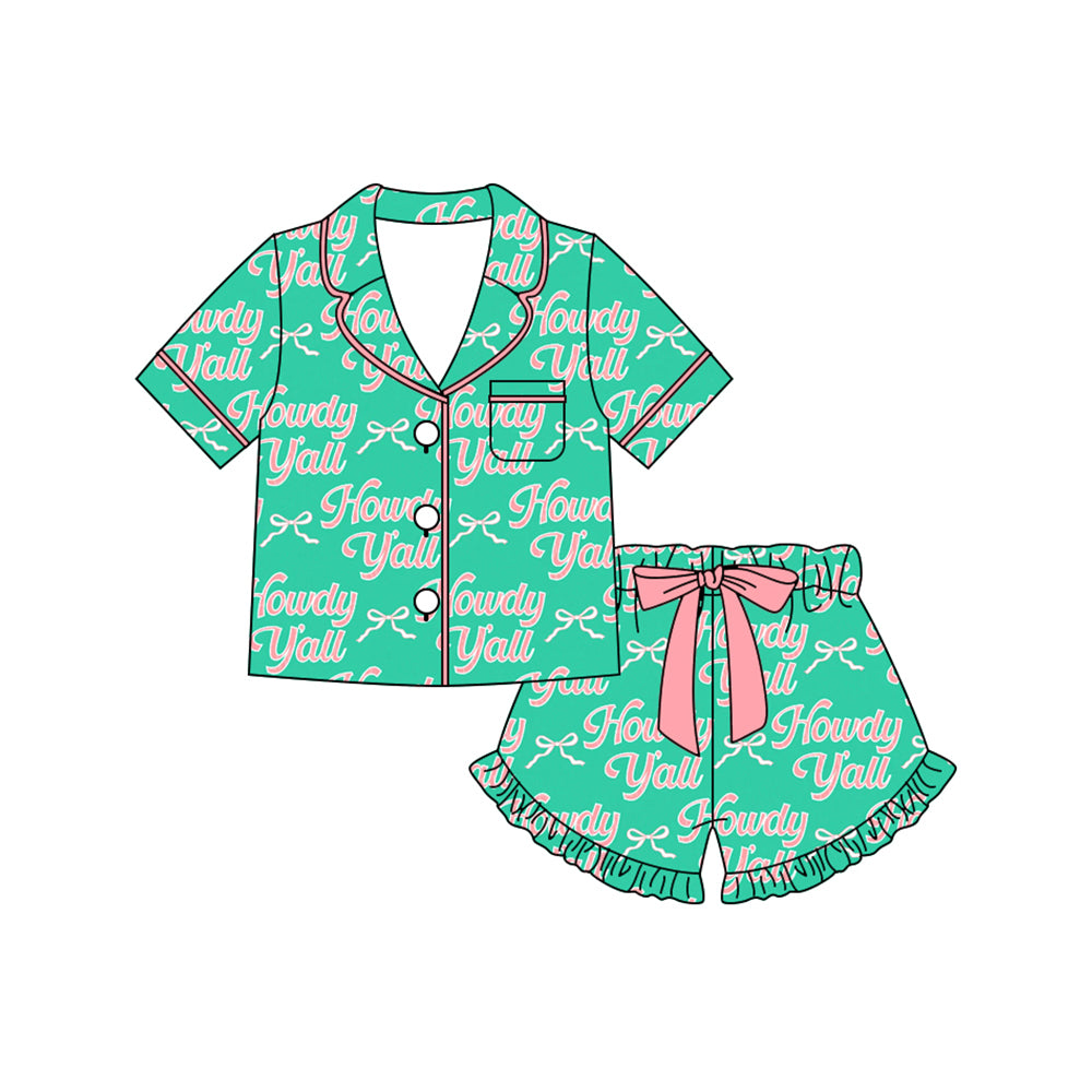 Preorder (moq 5)Baby Girls Bows Howdy Button Pocket Top Ruffle Shorts Western Pajamas Sets
