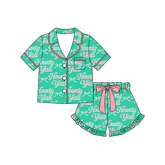 Preorder (moq 5)Baby Girls Bows Howdy Button Pocket Top Ruffle Shorts Western Pajamas Sets