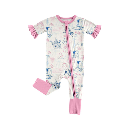 preorder(moq 5) Baby Girls Bows Horse Rodeos Western Two Way Zip Convertible Rompers