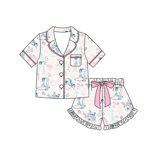 Preorder (moq 5)Baby Girls Boots Horse Rodeos Button Pocket Top Ruffle Shorts Western Pajamas Sets
