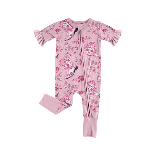 preorder(moq 5) Baby Girls Pink Flowers Boots Western Two Way Zip Convertible Rompers