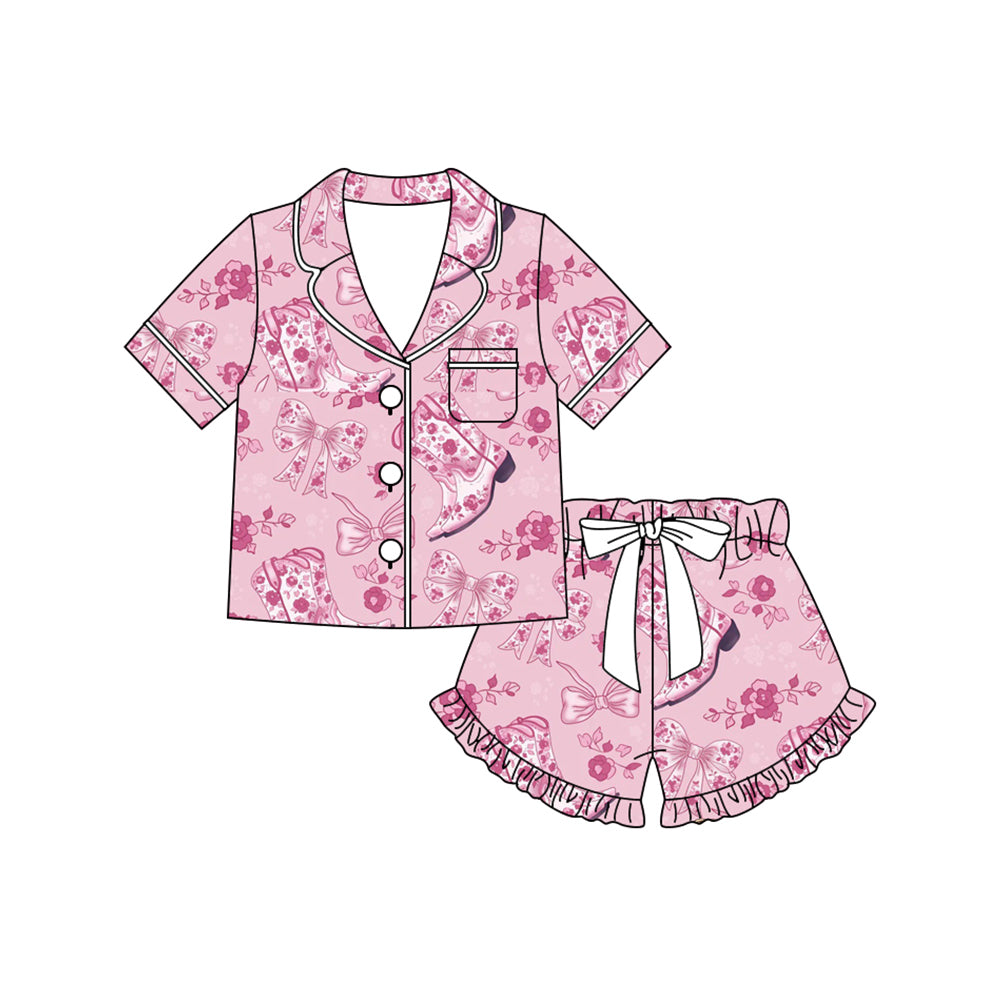 Preorder (moq 5)Baby Girls Pink Flowers Boots Button Pocket Top Ruffle Shorts Western Pajamas Sets