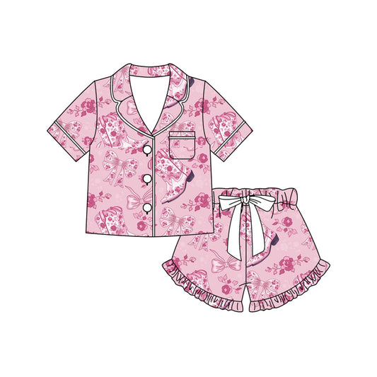 Preorder (moq 5)Baby Girls Pink Flowers Boots Button Pocket Top Ruffle Shorts Western Pajamas Sets