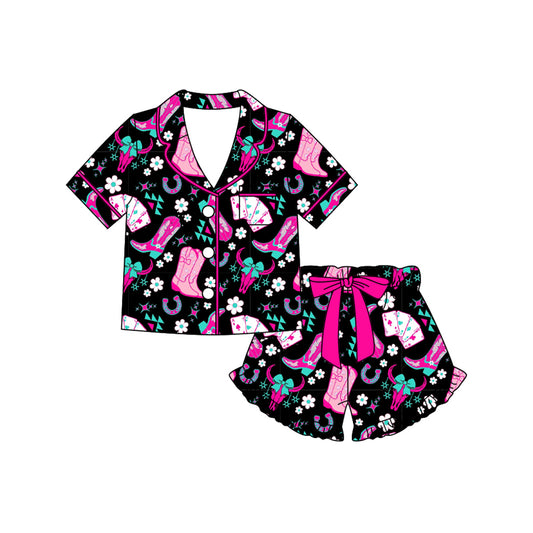 Preorder (moq 5)Baby Girls Flowers Bull Skulls Button Pocket Top Ruffle Shorts Western Pajamas Sets