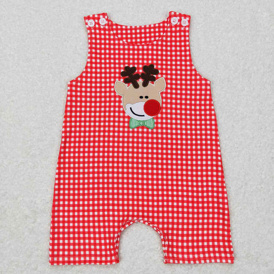 Baby Infant Christmas Deer Red Checkered Sleeveless Rompers