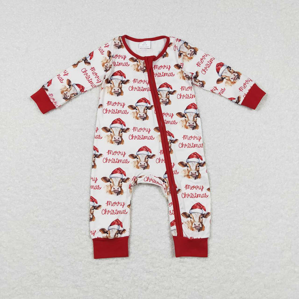 Baby Infant Kids Merry Christmas Highland Cow Zip Rompers