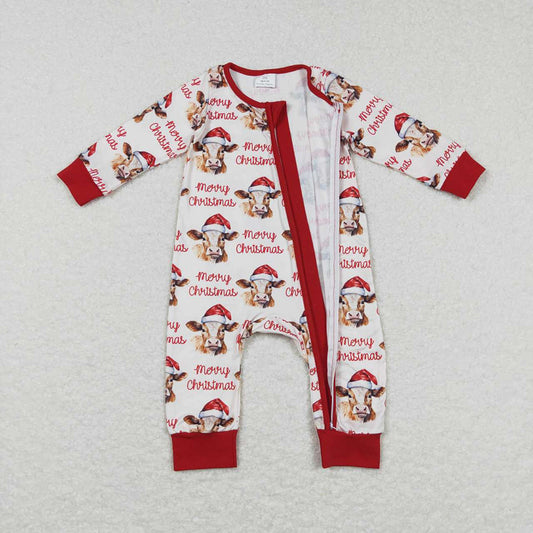 Baby Infant Kids Merry Christmas Highland Cow Zip Rompers