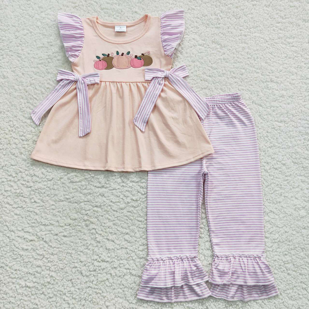 Baby Girls Pumpkin Flutter Sleeve Top Ruffle Pants Clothes Sets