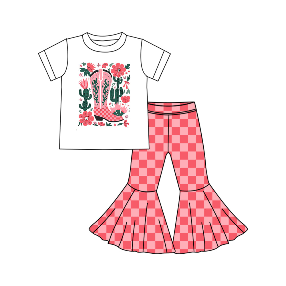 Preorder (moq 5)Baby Girls Western Pink Boots Flowers Top Checkered Bell Bottom Pant Sets