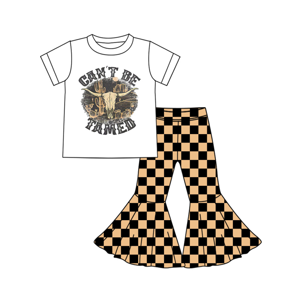 Preorder (moq 5)Baby Girls Western Can't Be Tamed Top Checkered Bell Bottom Pant Sets