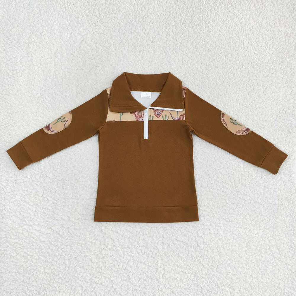 Baby Boys Brown Cactus Highland Cow Long Sleeve Elbow Pullover Tee Shirt Tops