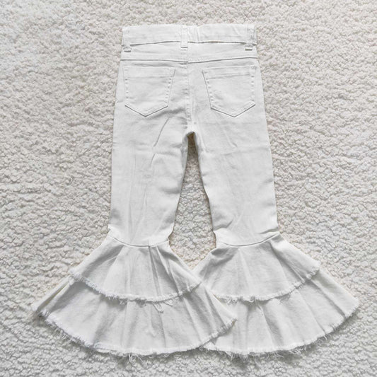 Baby Girls White Double Ruffle Distressed Denim Bell Pants