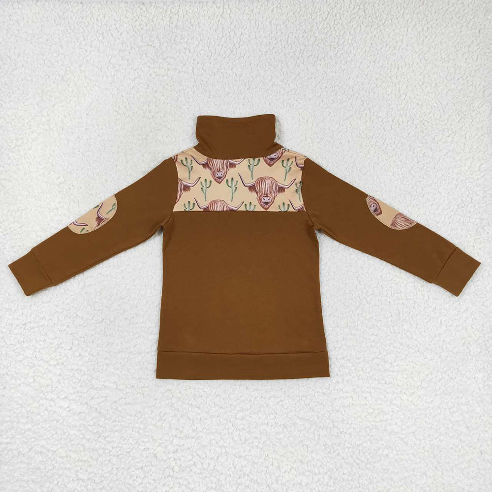 Baby Boys Brown Cactus Highland Cow Long Sleeve Elbow Pullover Tee Shirt Tops