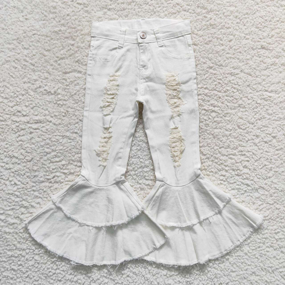 Baby Girls White Double Ruffle Distressed Denim Bell Pants